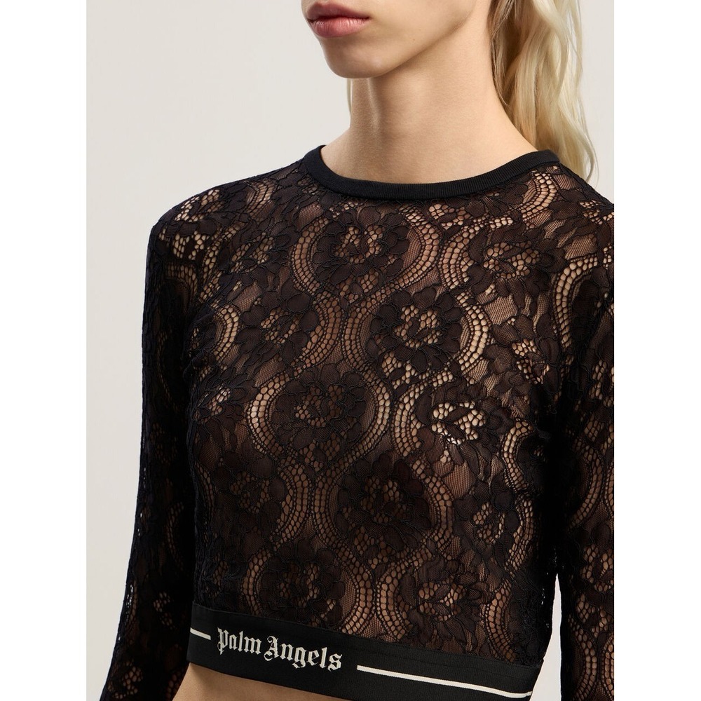 Palm Angels Cropped Top Women's Small Black Classic Logo Lace Long Sleeve Sheer